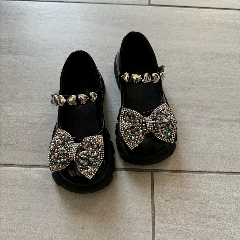 Black Beaded Bow Kids Shoes